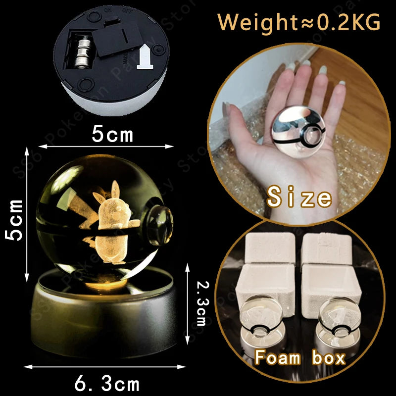 Lámpara de bola de cristal de Pokémon 3D, Pikachu, Gengar, Mew, Mewtwo, base para lámpara, bola de cristal de Pokémon, figura de bola de cristal, luz nocturna, regalo de cumpleaños