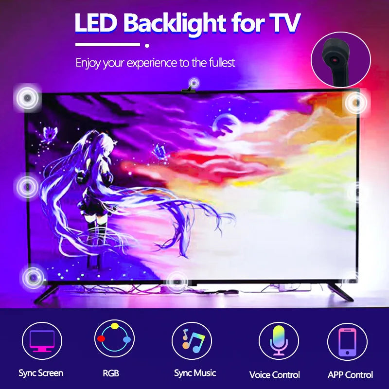TV LED Backlight with AR Camera Color Gamut Sensor RGBIC Light Music Sync Strip For 55-85 Inch Monitors Light linkage Ambilight