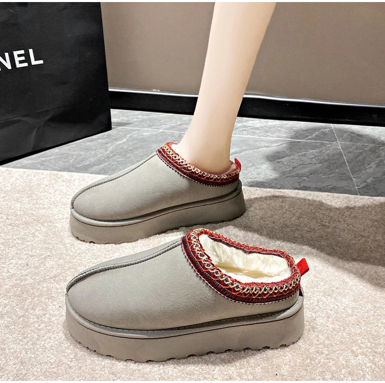 2024 Winter New Snow Boots for Women Cashmere Warm Thick Soles Without Heel-covered Hair Half Slipper Cotton Shoes for Women