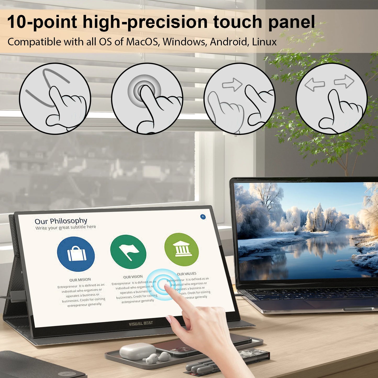 Visual Beat Portable Touch Screen Monitor 17.3'' 1080P FHD IPS USB-C Display with USB 2.0, HDMI, Dual Speakers for Laptop PC
