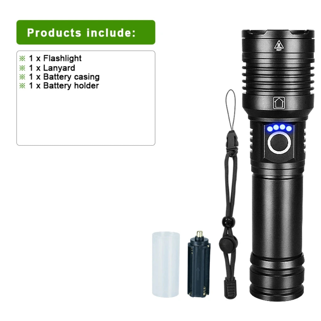Linterna LED de alta potencia XHP 120, linterna con batería 18650 26650, recargable por USB, con zoom, para emergencias, acampadas al aire libre y pesca