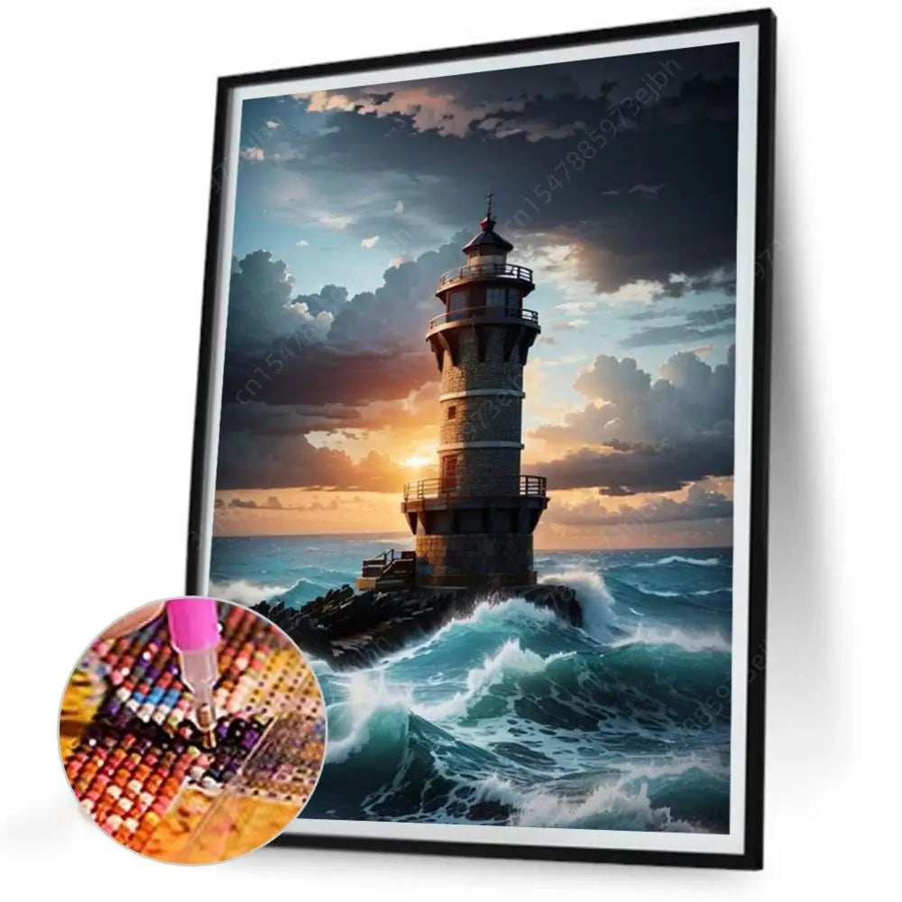 5D DIY Full Round Drill Diamond Painting Seaside Lighthouse Home Decor 30x40cm