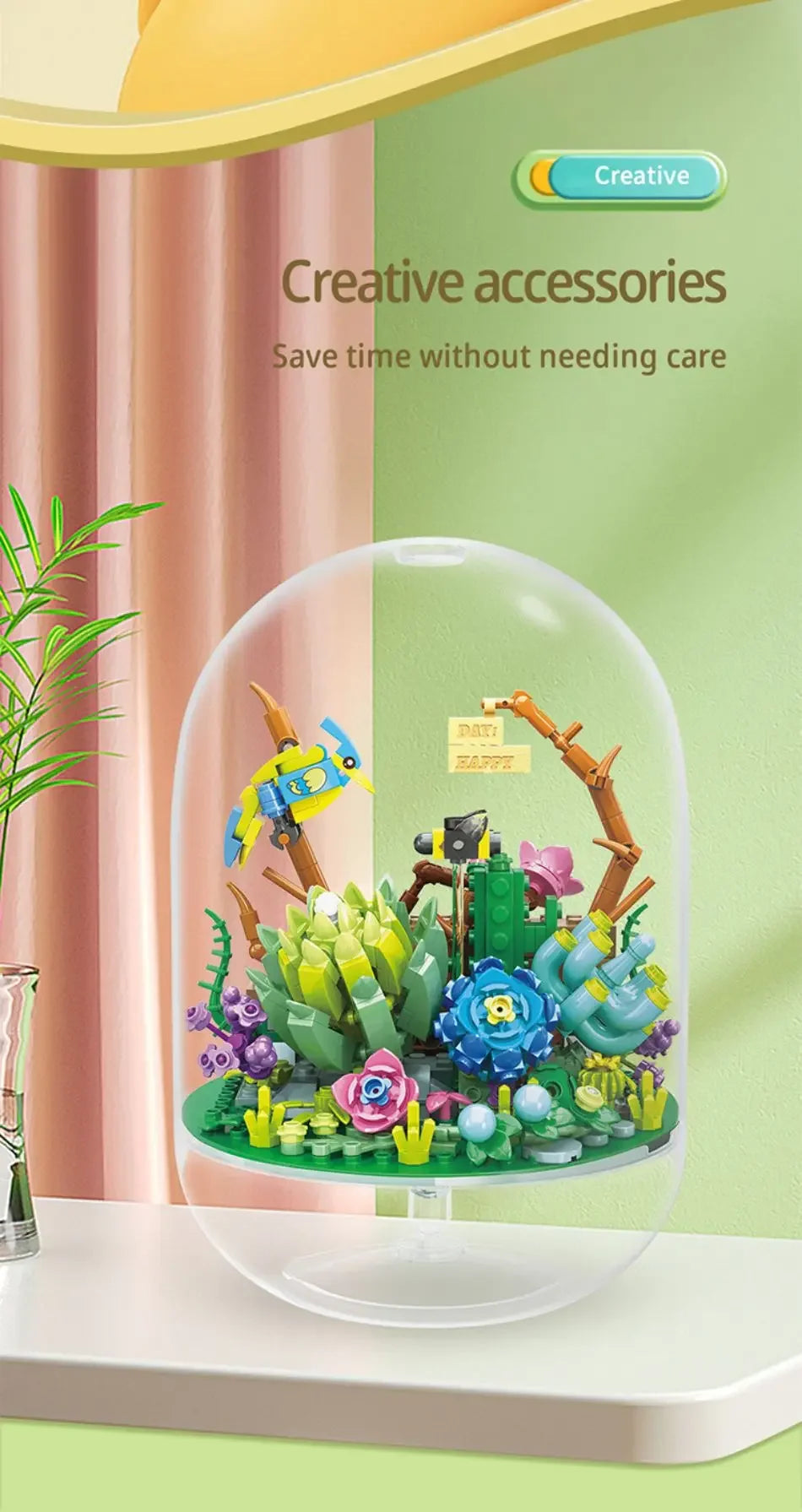 Succulent Plant Potted Building Blocks Insect Flower Model Bricks Set With Dust Cover Children's Educational Toys Adult Gifts
