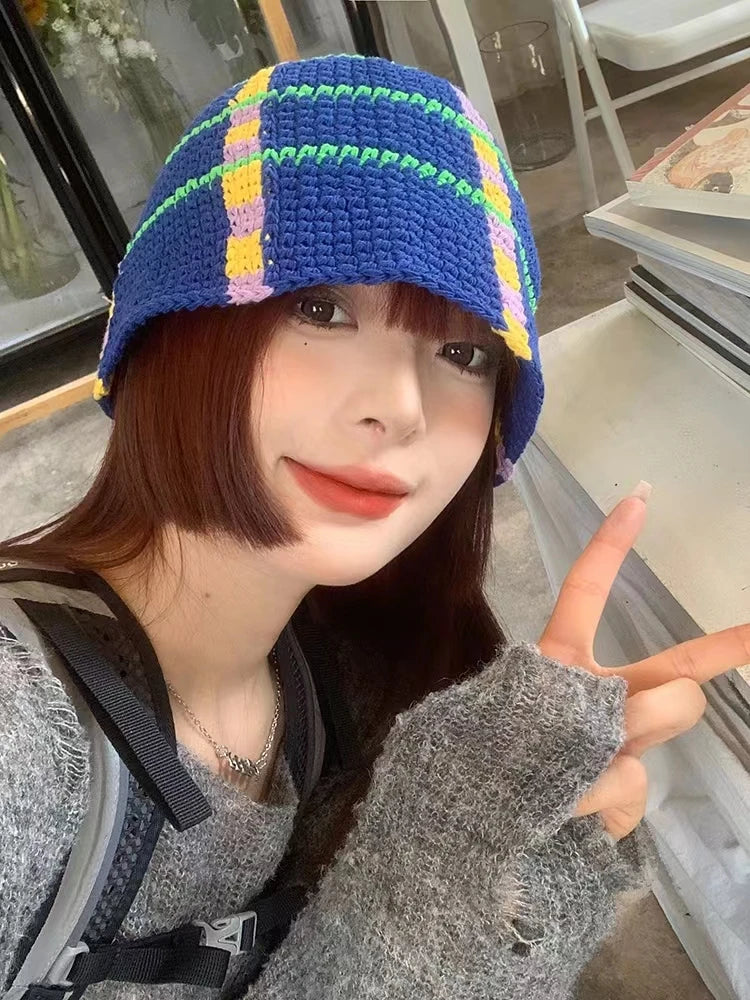 2022 New Korean-Japanese Hand Buckle Crochet Bucket Hat Spring and Autumn Winter Sun Hat Female Cherry Designer Bob Basin Hat