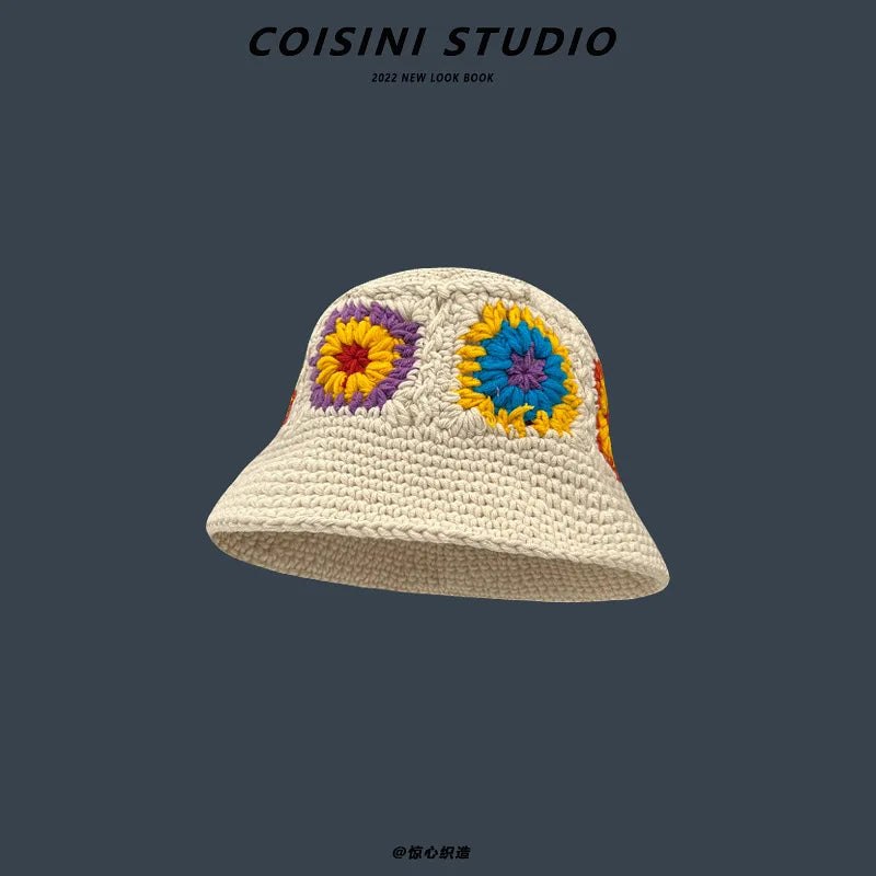 2022 New Korean-Japanese Hand Buckle Crochet Bucket Hat Spring and Autumn Winter Sun Hat Female Cherry Designer Bob Basin Hat