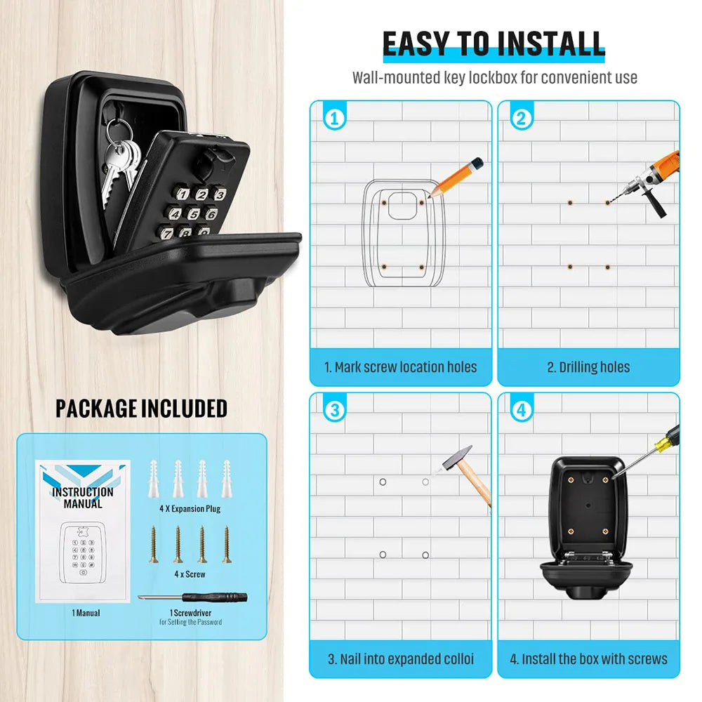 Wall Mounted Key Storage Safe Waterproof Anti-theft Key Box With Combination Lock 12-Digital Password Office Home Outdoor Use