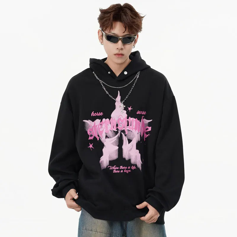 Oversized Hoodie Grunge Vintage Star Graphic Printed Hooded Sweatshirt with Chain Hip Hop Punk Gothic Baggy Pullover Streetwear