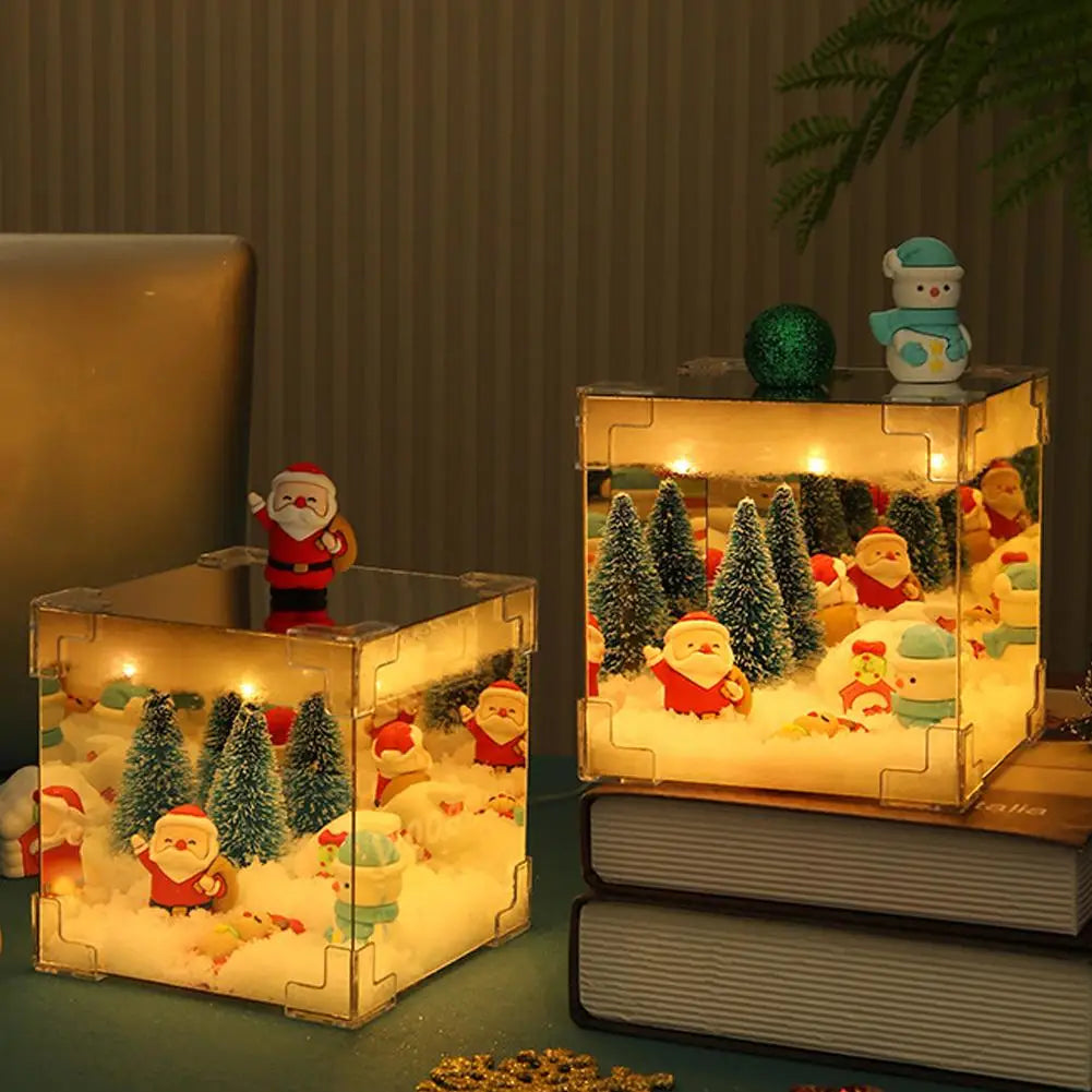 Christmas DIY Decorations Mirror LED Cube Lamp 3D Santa Claus Snowman Tree Christmas Lights DIY Night Light Tabletop Ornament