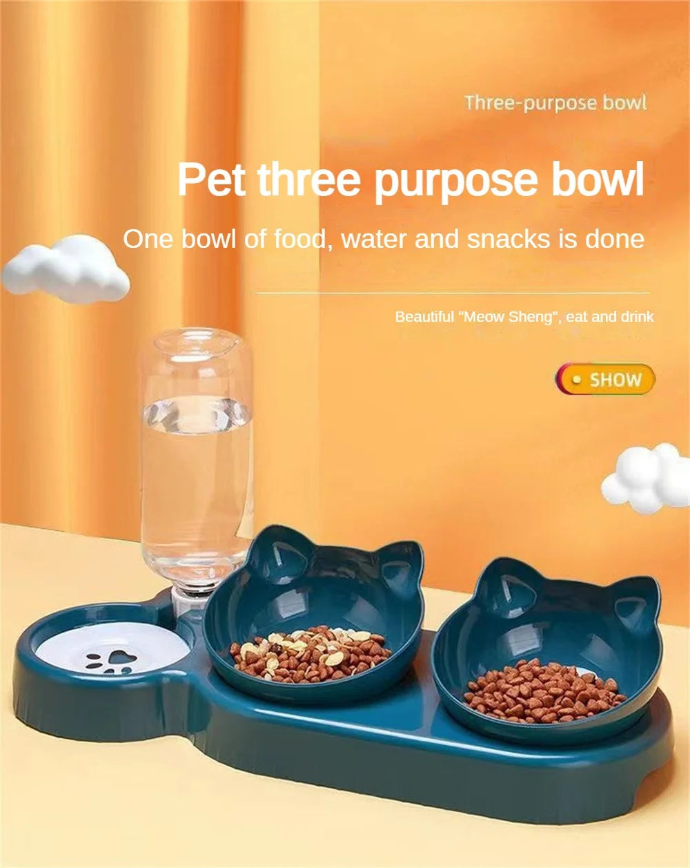 Triple Cat Bowls Pet Feeder, 2-in-1 Double Bowls With Automatic Drinking Bottle, Tilted And Rotatable Design For Cats And Dogs