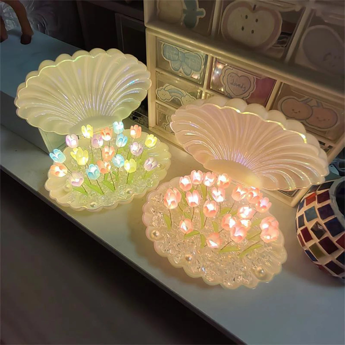 Diy Tulip Night Lamp Handmade Flower Lamp Birthday Lights Creative Home Pink/White Seashell Led Lamps Christmas Nightlight Light