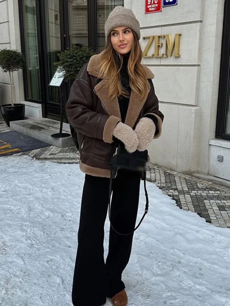 Chaqueta cálida de lana de cordero para mujer de ZBZA, abrigo de piel gruesa de estilo vintage con solapa y cremallera y manga larga con bolsillo, abrigo elegante de invierno