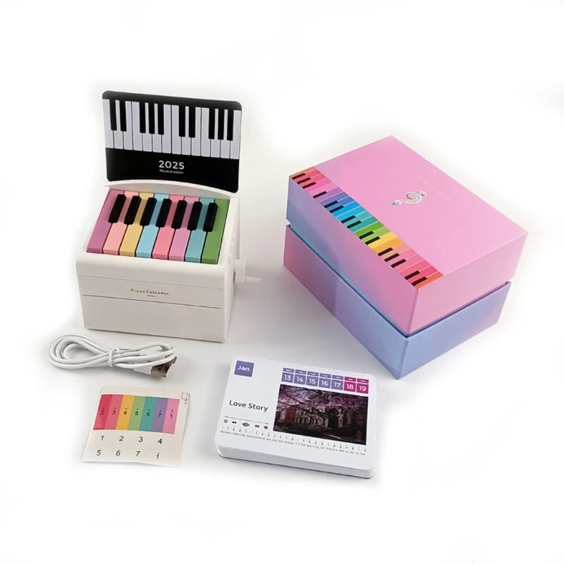 Calendario de escritorio con piano pequeño de 15 teclas para 2025 con letras de canciones y 28 tarjetas de textura plástica, adecuado para familiares y amigos