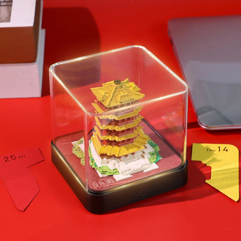 Calendario de escritorio con torre de grúa amarilla y luces LED Calendario 2025 Bloc de notas Calendario de escritorio creativo Bloc de notas de bricolaje Arte 3D