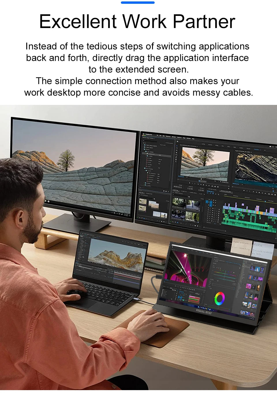 Visual Beat Portable Touch Screen Monitor 17.3'' 1080P FHD IPS USB-C Display with USB 2.0, HDMI, Dual Speakers for Laptop PC