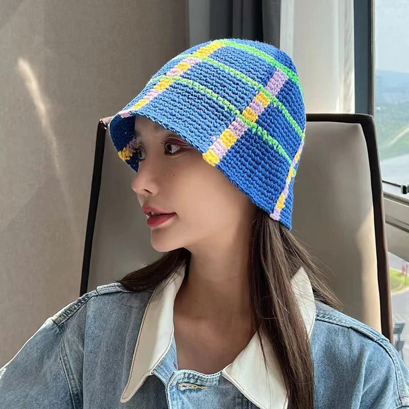 2022 New Korean-Japanese Hand Buckle Crochet Bucket Hat Spring and Autumn Winter Sun Hat Female Cherry Designer Bob Basin Hat