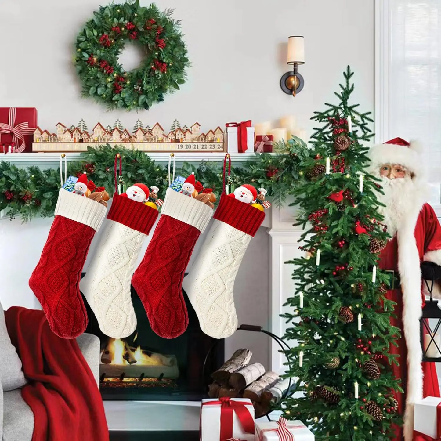 Chaussette de Noël de grande taille de 45,7 cm, chaussette de compression tricotée pour enfants, chaussette suspendue pour cadeau de bonbons, décoration de Noël