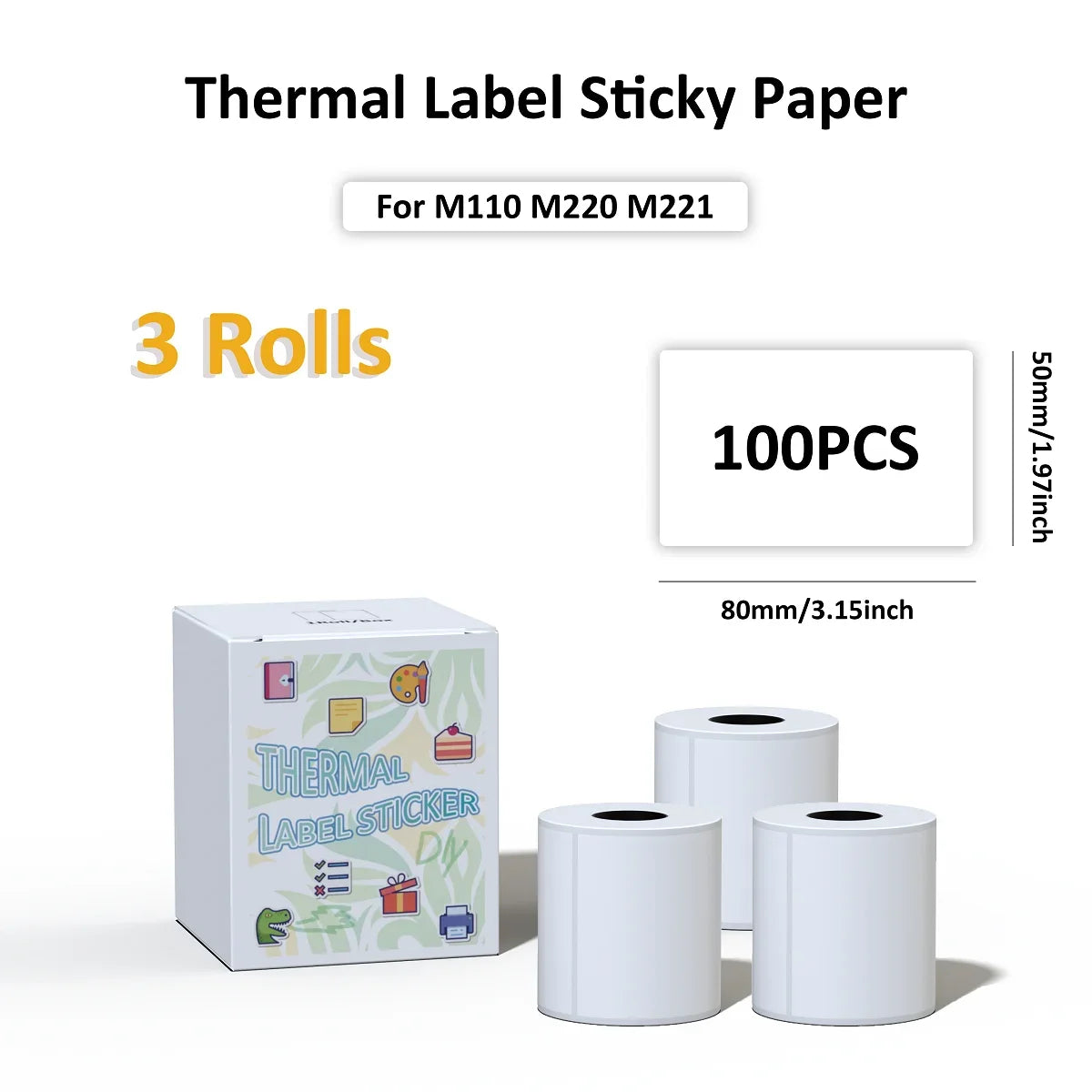 3 Rolls Thermal Sticker Label Paper Adhesive Square/Round Labels For M110/M221/M220/M120/M200/M110S For Logo,Address Label