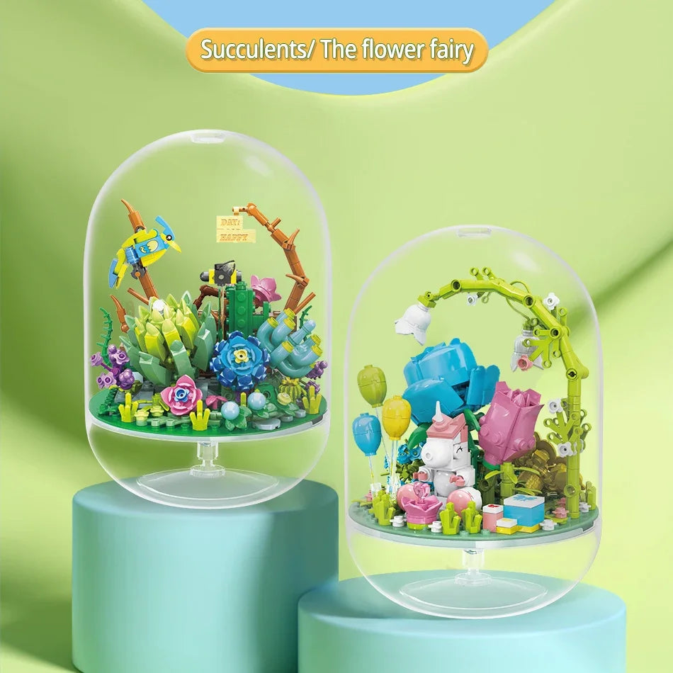 Succulent Plant Potted Building Blocks Insect Flower Model Bricks Set With Dust Cover Children's Educational Toys Adult Gifts