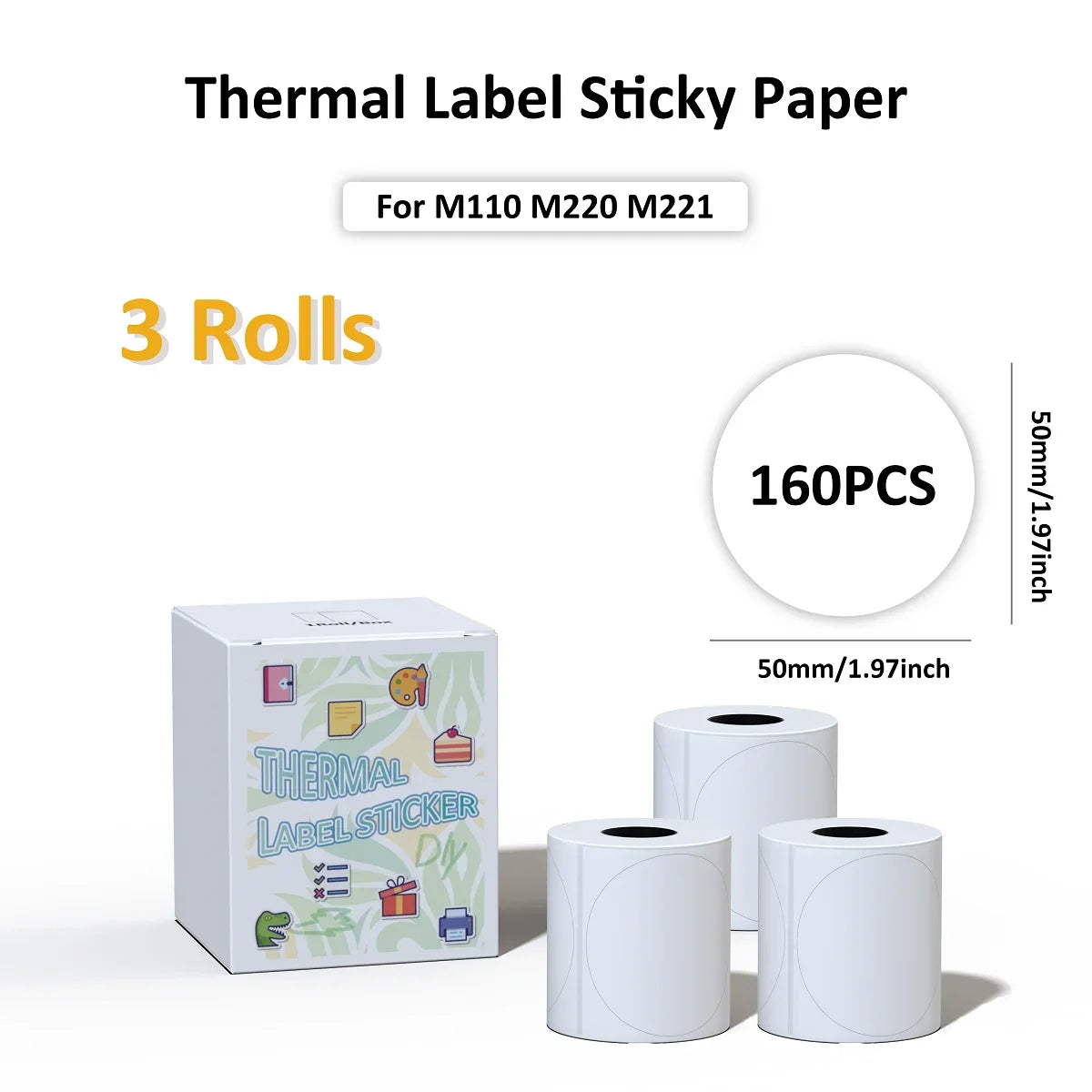 3 Rolls Thermal Sticker Label Paper Adhesive Square/Round Labels For M110/M221/M220/M120/M200/M110S For Logo,Address Label