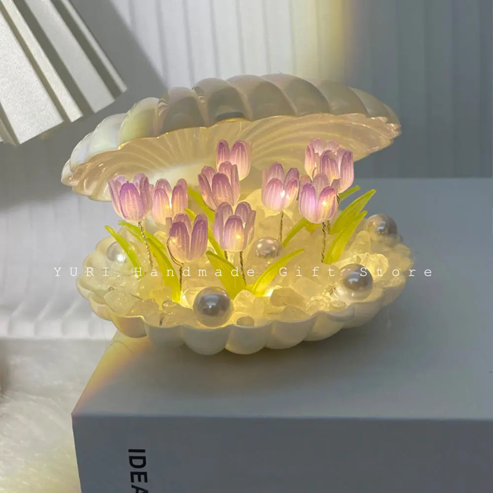 9 Flowers Shell Tulip Night Lamp Handmade Diy Home Decor Bedroom Atmosphere Light Girl Mother Girlfriend Valentine's Day