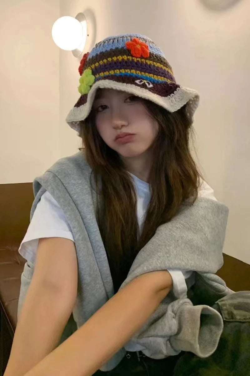 2022 New Korean-Japanese Hand Buckle Crochet Bucket Hat Spring and Autumn Winter Sun Hat Female Cherry Designer Bob Basin Hat
