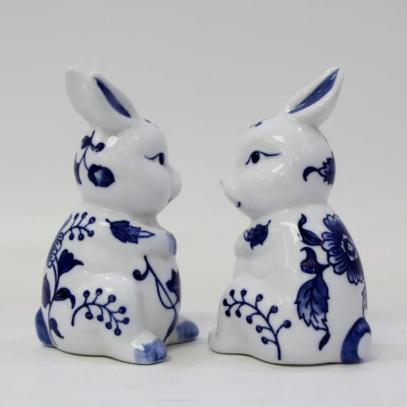Blue and White Porcelain Rabbit Sculpture Decoration Cute Animal Ceramic Crafts Office Room Ornament