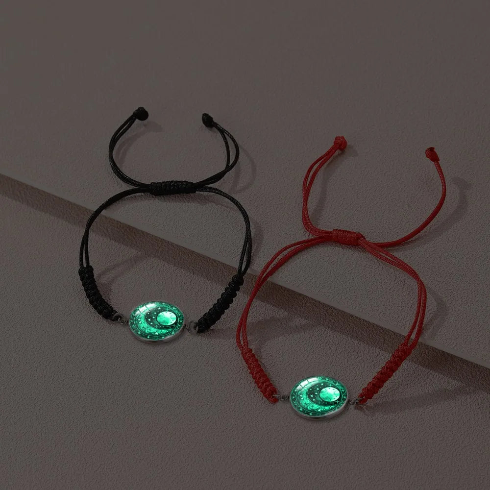 2Pcs Romantic Couple Bracelet Stainless Steel New Sun and Moon Lovers Charm Bracelet Glow in The Dark Adjustable Woven Bracelet