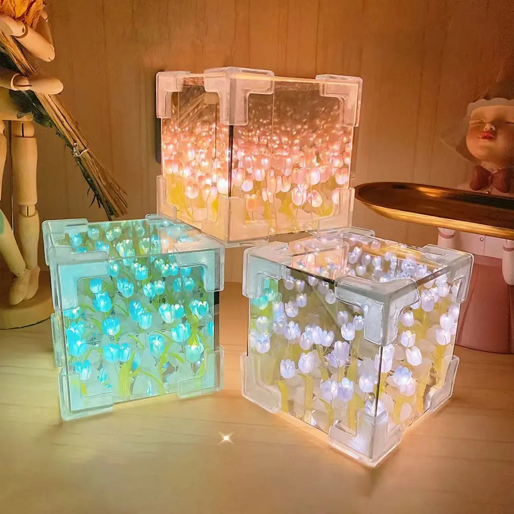 DIY Tulip Night Light Led Decorative Night Lamp Magic Cube Table Lamp and Mirror 2 in 1 for Birthday Gifts and Christmas Present