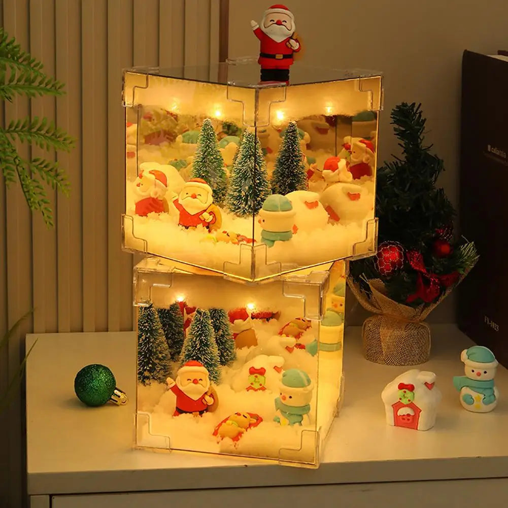 Christmas DIY Decorations Mirror LED Cube Lamp 3D Santa Claus Snowman Tree Christmas Lights DIY Night Light Tabletop Ornament