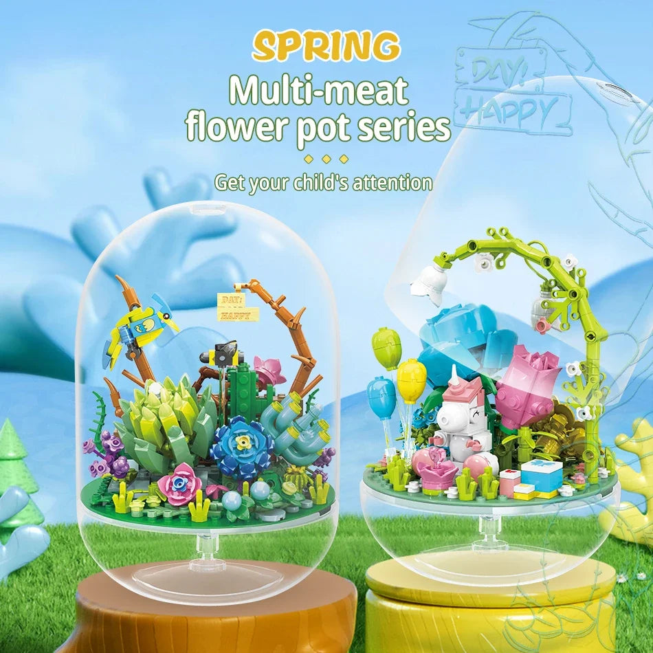 Succulent Plant Potted Building Blocks Insect Flower Model Bricks Set With Dust Cover Children's Educational Toys Adult Gifts