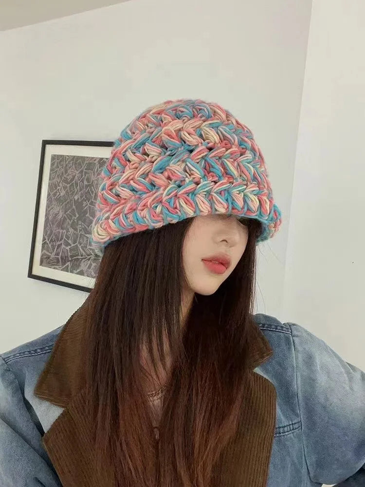 2022 New Korean-Japanese Hand Buckle Crochet Bucket Hat Spring and Autumn Winter Sun Hat Female Cherry Designer Bob Basin Hat