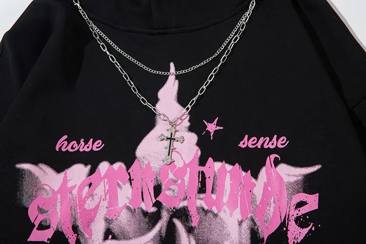 Oversized Hoodie Grunge Vintage Star Graphic Printed Hooded Sweatshirt with Chain Hip Hop Punk Gothic Baggy Pullover Streetwear