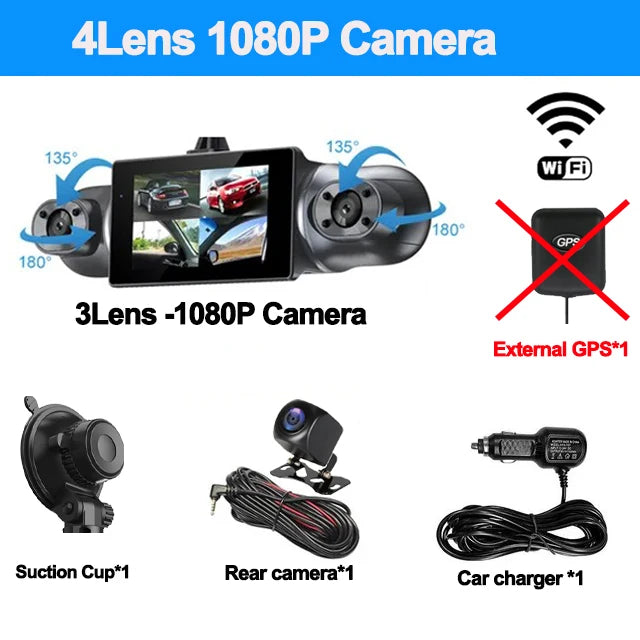 Cámara de salpicadero para coche de 1080P con GPS, WIFI, aplicación, grabadora de vídeo de 4 lentes, DVR de 360°, cámara de visión trasera, monitor de estacionamiento, caja negra, accesorios para coche