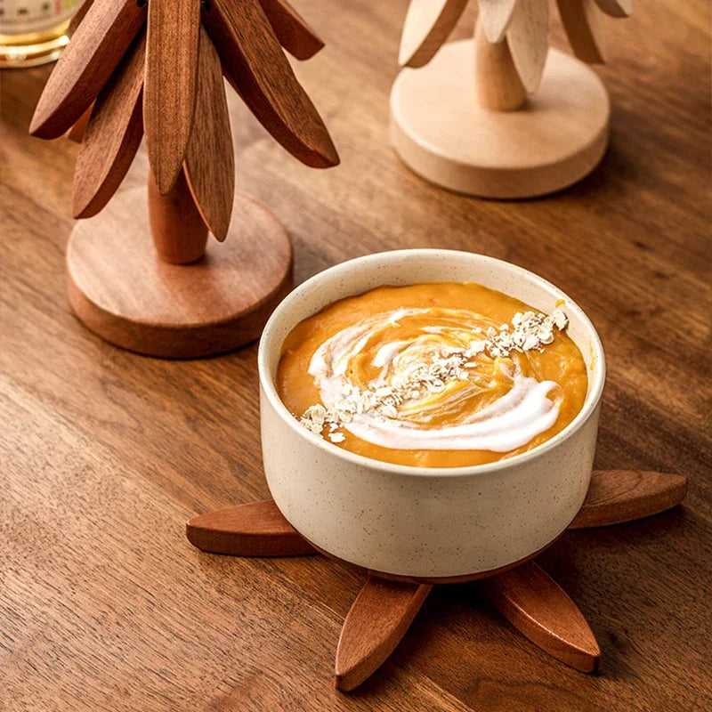 3/4Pcs Walnut Tree Table Mat Set Natural Foldable Wooden Tree Trivet for Hot Dishes Pot Bowl Teapot Holder Placemat