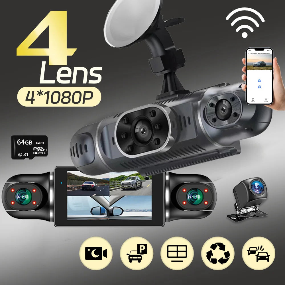 Grabadora de video DVR para automóvil de 4 lentes 1080P con control por aplicación WIFI, cámara de tablero de 360 grados, visión nocturna, cámara de visión trasera delantera izquierda y derecha para automóvil