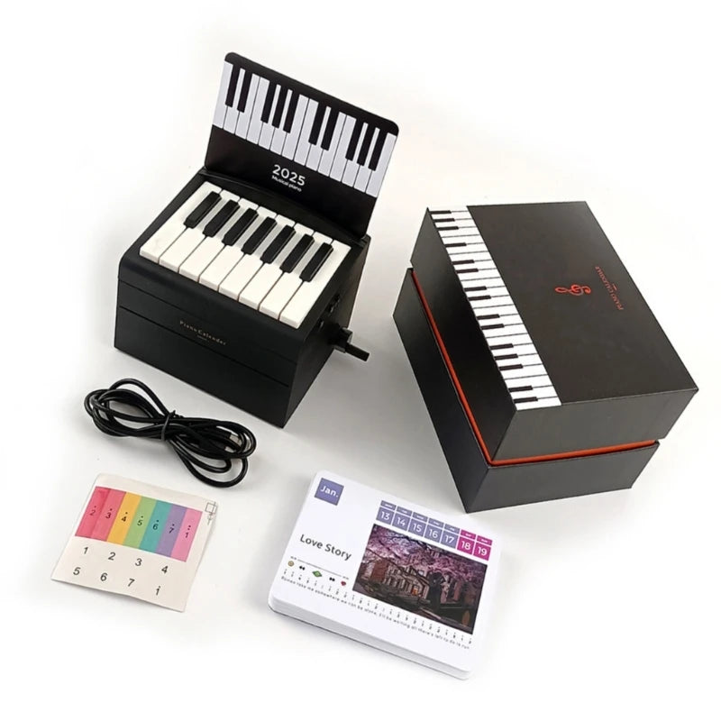 Calendario de escritorio con piano pequeño de 15 teclas para 2025 con letras de canciones y 28 tarjetas de textura plástica, adecuado para familiares y amigos