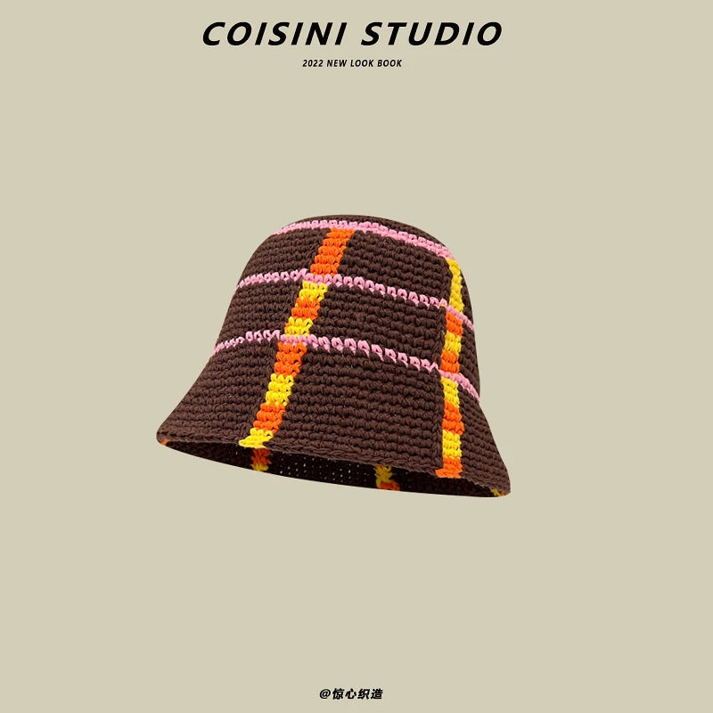 2022 New Korean-Japanese Hand Buckle Crochet Bucket Hat Spring and Autumn Winter Sun Hat Female Cherry Designer Bob Basin Hat