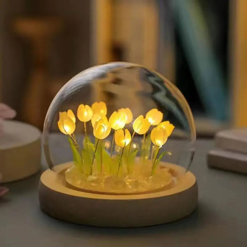 Artificial Tulip Flower Night Light Handmade DIY Bedside Lamp LED Night Lamp Bedroom Decor Christmas Birthday Gifts Table Lamp