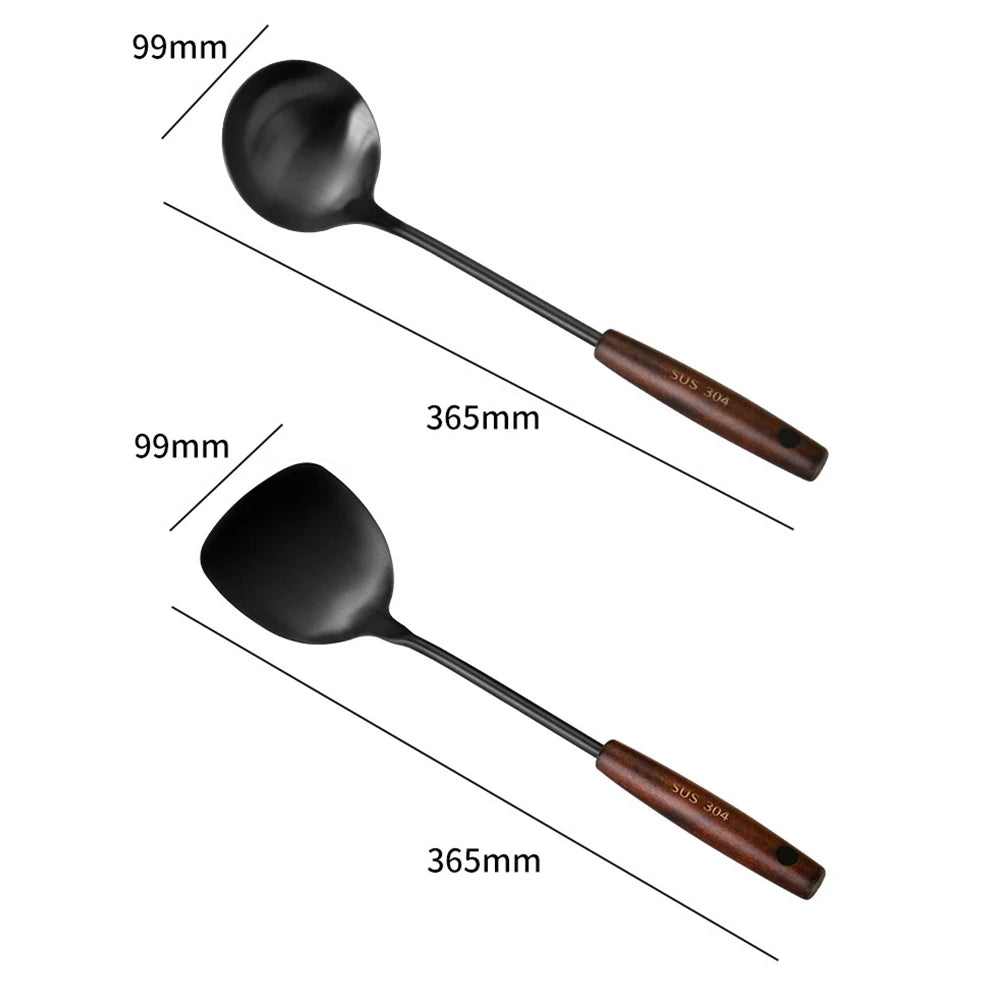 304 Stainless Steel Wooden Spatula Cooking Utensils Home Cooking Accessories Slotted Spoon Metal Gadjets For Kitchen Essentials