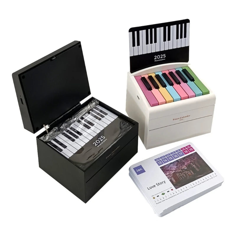 Calendario de escritorio con piano pequeño de 15 teclas para 2025 con letras de canciones y 28 tarjetas de textura plástica, adecuado para familiares y amigos