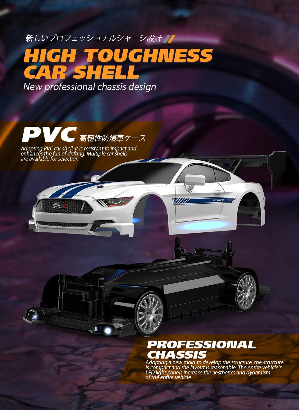 1:24 Coche de derrape RC de alta velocidad Mustang 4WD Coche de carreras de control remoto Regalo Coche de carreras de competición Juguete para niños Neumático reemplazable