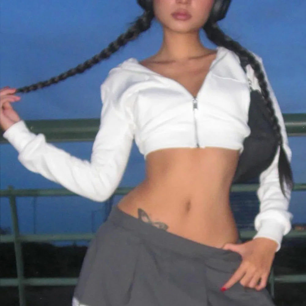 ALLNeon Y2K Aesthetic Vintage Basic Zip Up White Cropped Hoodies 2000s Fashion Big Pockets Front Hooded Long Sleeve Sweats Cute
