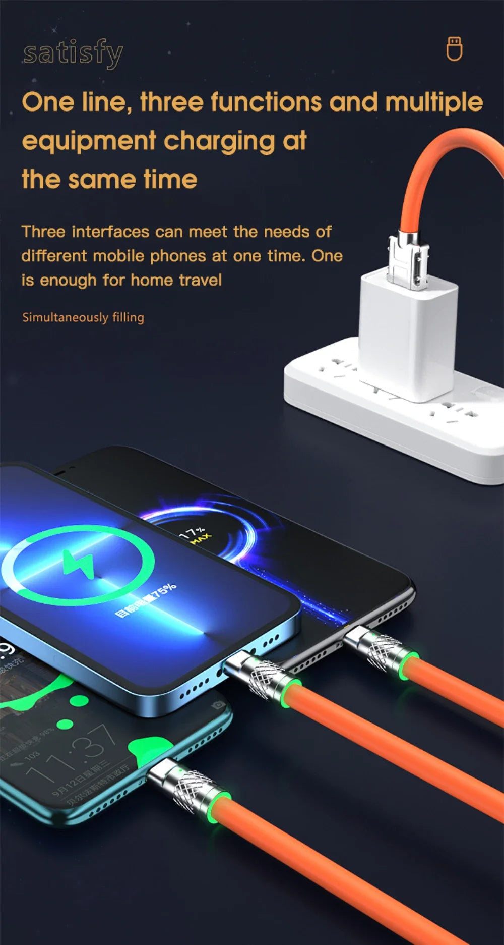 120W 3 In 1 Fast Charging Cable Micro USB Type C Multiple USB Port Mobile Phone Charging Cables For Xiaomi Samsung iPhone 14 13