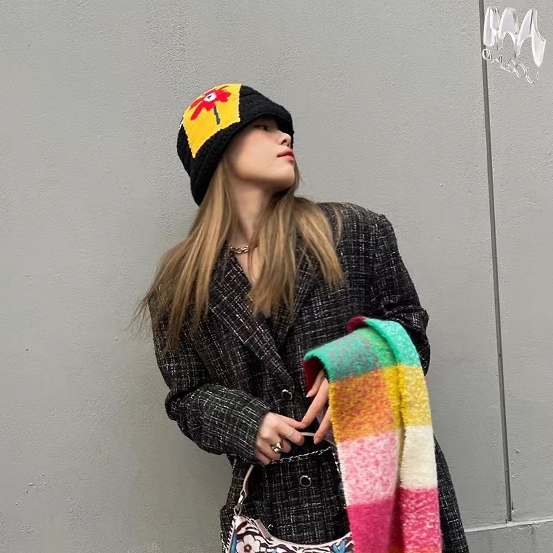 2022 New Korean-Japanese Hand Buckle Crochet Bucket Hat Spring and Autumn Winter Sun Hat Female Cherry Designer Bob Basin Hat