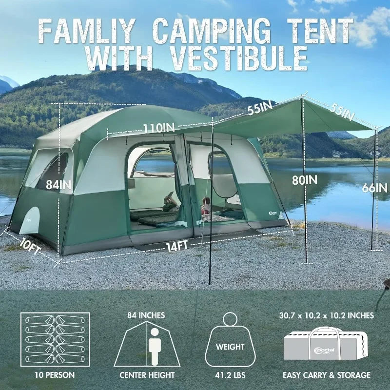 Tienda de campaña para 10 personas con porche, gran tienda de campaña familiar con 2 habitaciones, cortina dividida, para acampar al aire libre, viajar, resistente al agua