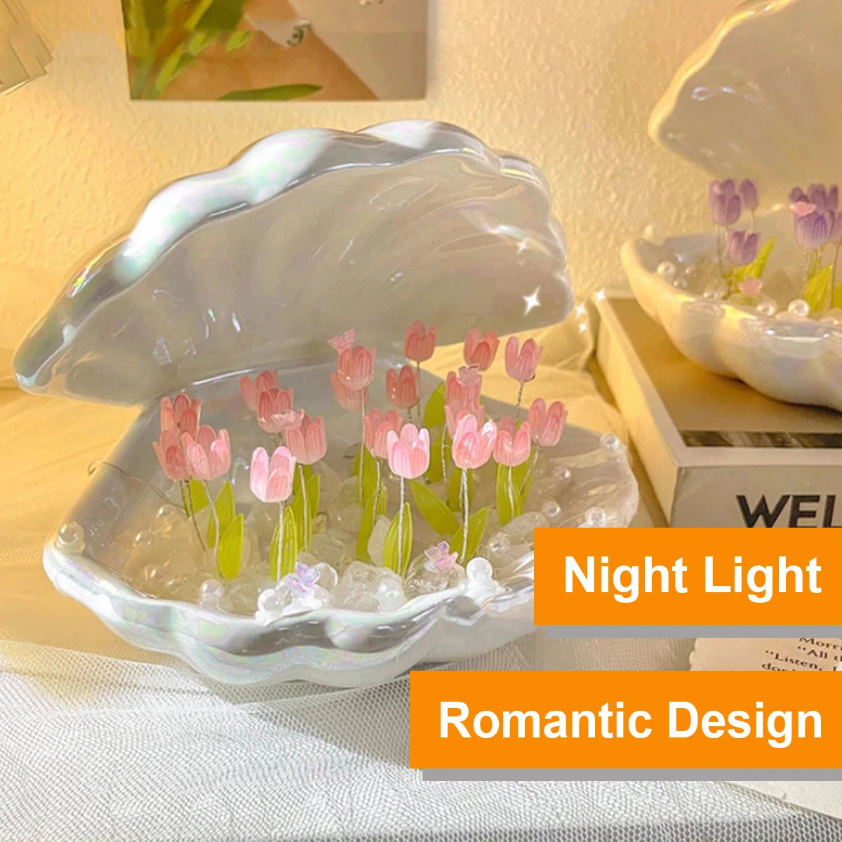 Diy Tulip Night Lamp Handmade Flower Lamp Birthday Lights Creative Home Pink/White Seashell Led Lamps Christmas Nightlight Light