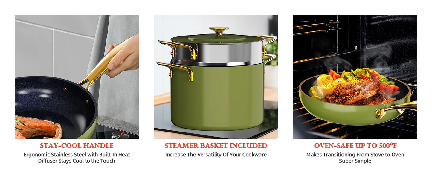 Nuwave Lux LE 13-Pc Cookware Set with Elegant Gold Handle Diamond Infused Ceramic Non-Stick PFAS Free Premium Metal Lids Avocado