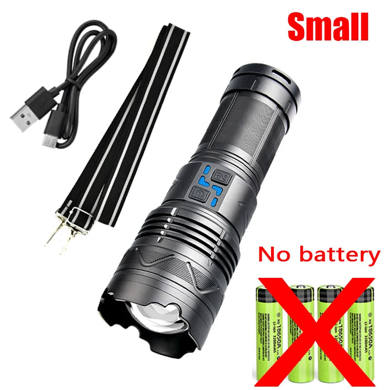 Linterna LED potente GT60 de 100 W, linterna táctica de largo alcance con pantalla de potencia, linterna con zoom recargable por USB para acampar al aire libre