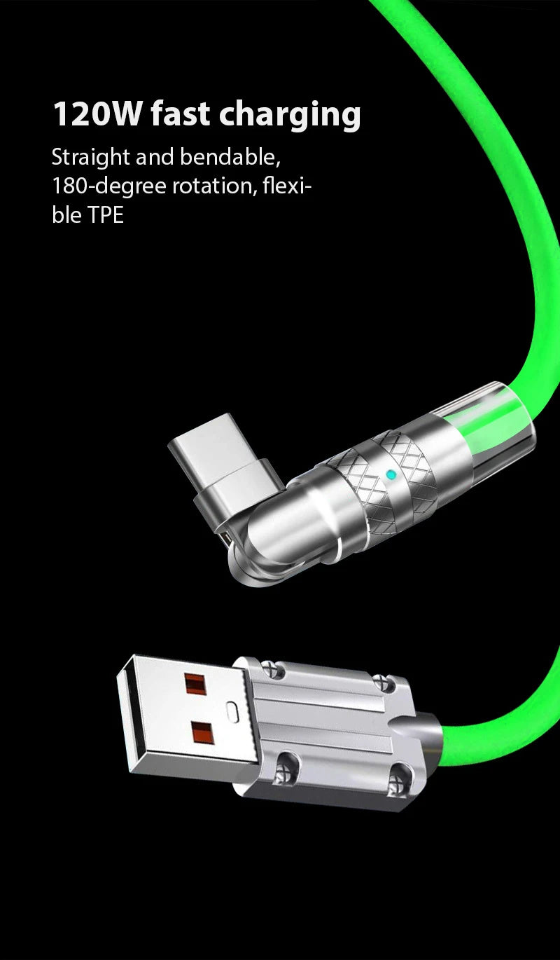 120W Usb Type C Fast Charge Cable 180 Degree Elbow Rotation Type C-Lightning Zinc Alloy Liquid Silicone Data Cable with Light