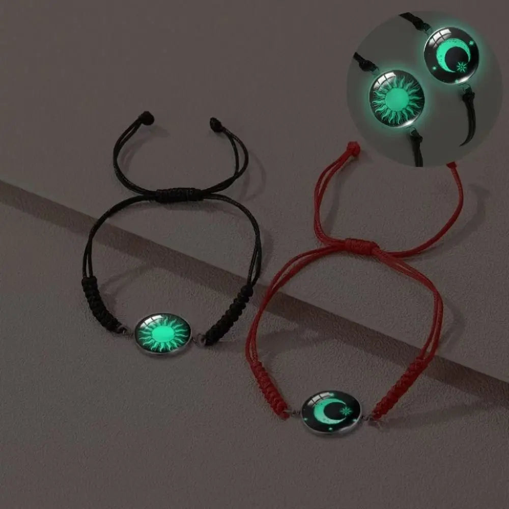 2Pcs Romantic Couple Bracelet Stainless Steel New Sun and Moon Lovers Charm Bracelet Glow in The Dark Adjustable Woven Bracelet